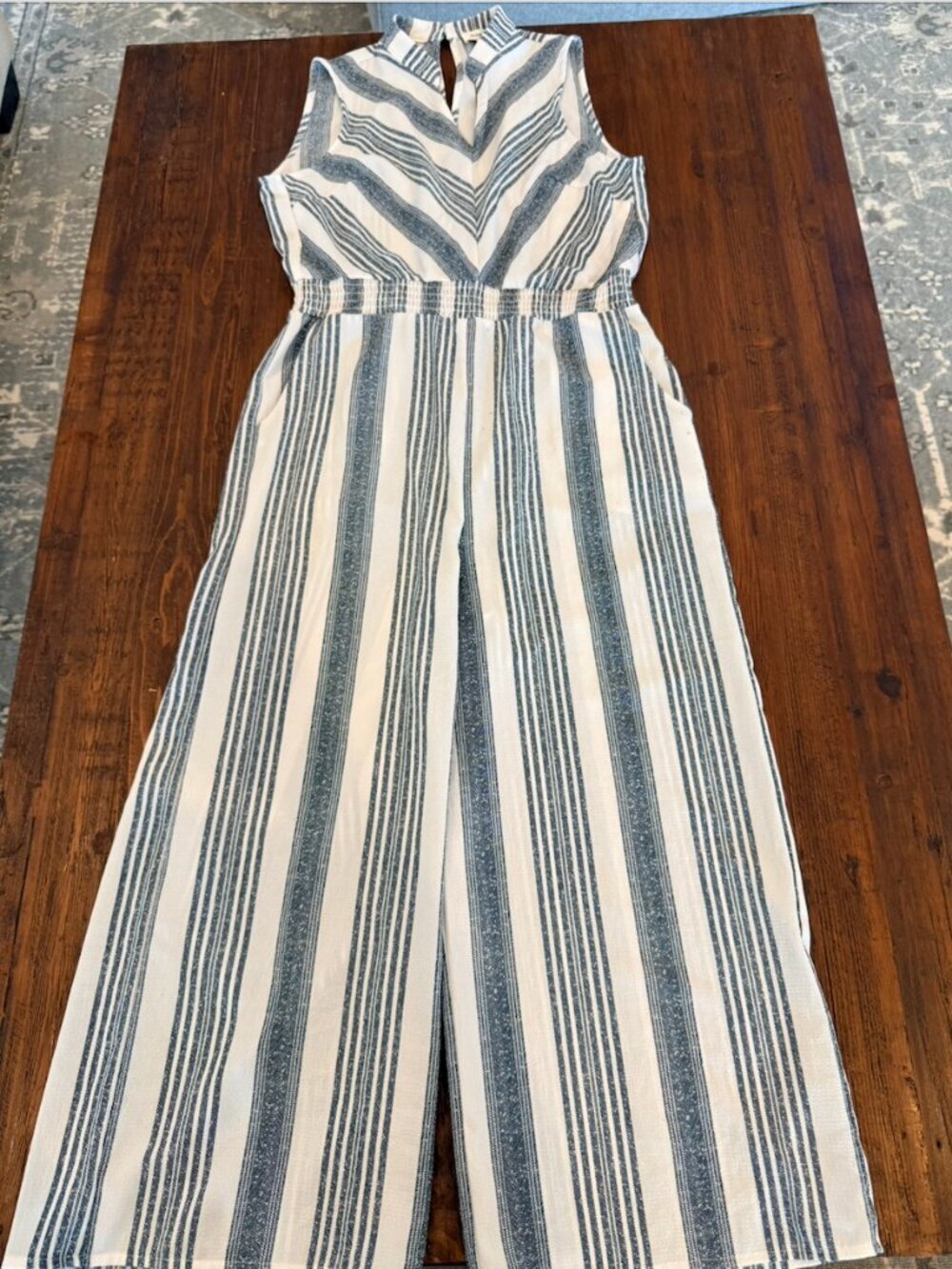 Monteau Blue Ivory Striped Cropped Jumpsuit Capri Wide Leg Size M - Picture 2 of 7